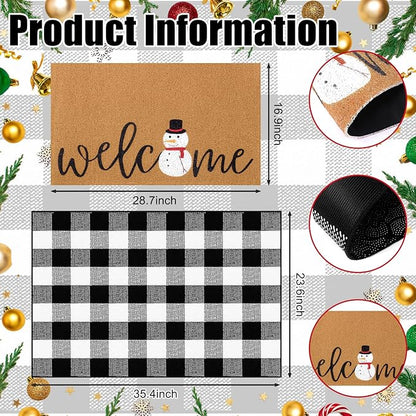 Tinideya 2 Pcs Winter Door Mat Snowman Welcome Non Slip Coir Mats Snow Black White Buffalo Plaid Floor Layering Doormats Seasonal for Front Porch Entryway Decor(Snowman)