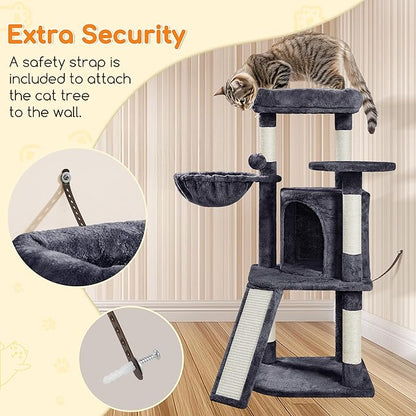 Yaheetech 42in Cat Tree Tower for Indoor Cats, Kitten House with Large Perch & Scratching Posts & Cozy Condo & Scratching Ramp, Pet Furniture Activity Center, Dark Gray