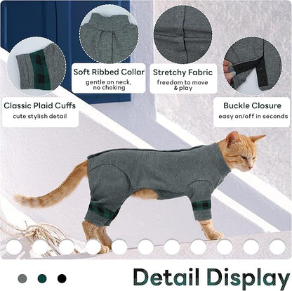 PUMYPOREITY Cat Shirt with Rear Snap Closure, Stretchable Cat Sweater, Comfort Pajamas Post-Bath, Recovery Suit - Full Coverage for Wound Care, Kitten Onesie - Machine Washable, S, Grey