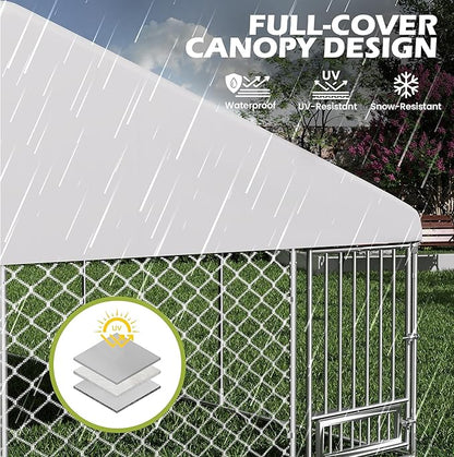 13FT x 13FT Outdoor Dog Kennel with Roof, Outside Dog Run Fence with Rotated Dog Bowls, Large Dog House Pen Enclosure with Secure Lock&Textilene Door