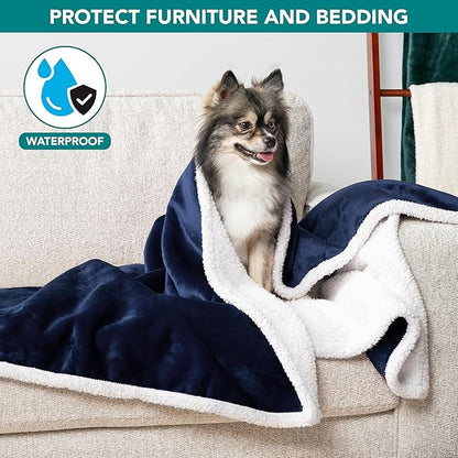 PetAmi Waterproof Dog Blanket for Small Medium Dog Puppy Cat Throw for Couch Cover Leakproof Protection, Sherpa Fleece, Reversible Soft Washable 29x40 Navy Blue