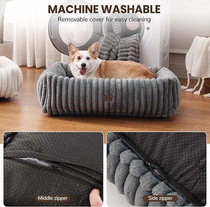 Washable Dog Bed for Small Medium Dogs - Rectangle Orthopedic Corduroy Fleece Pet Bed with Removable Cover and Nonskid Bottom, Calming Puppy Bed Soft Pet Sofa, Grey(30x24x8inchs)