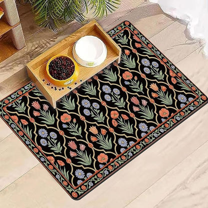 Pet Feeding Mat 24 x 16 Inch, Black Floral Pet Placemat Absorbent Quick-Dry for Food and Water, Waterproof Non Slip Rubber Bowl Pad Mat for Floors