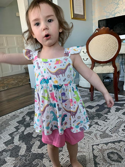 Toddler Baby Girls Summer Clothes Outfits Ruffled Sleeve Dinosaur Shirt Leopard Tops and Shorts Pants Sets 2PCS