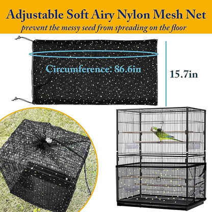 Universal Bird Cage Cover,Pet Cage Cover,100% Shading Oxford Cloth with PU Coating Layer,Good Night for Small Animals,Adjustable Soft Airy Nylon Mesh Net for Round Square Cages (Black, 31.5×21×47in)