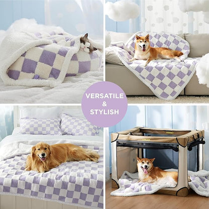 LE SURE Waterproof Dog Blanket for Large Dogs - Washable Double Sided Dog Blankets with Warm Jacquard Shag and Soft Sherpa Fleece, Pet Cat Blanket for Couch Protection, 3D Textured Checks, Purple