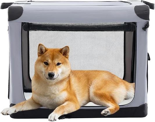 Dog Travel Crate 30 Inch, Portable Soft-Sided Travel Carriers for Dogs and Cats, Foldable Pet Kennel with 3-Doors Mesh Windows Indoor & Outdoor, Grey