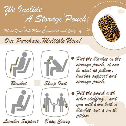 Bnuitland Leopard Print Fleece Flannel Throw Blanket with Storage Pouch for Bed Sofa Travel, 300 GSM Double Sided Super Soft Fuzzy Fluffy Cheetah Print Blanket for Adults and Kids, 50×60 inch