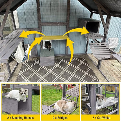 Aivituvin Cat House Outdoor Catio Kitty Enclosure with Super Large Enter Door,Wooden Cat Cage Condo Indoor Playpen with Platforms,Small House 110" L
