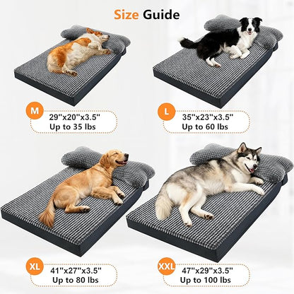 KISYYO Orthopedic L Dog Beds for Large Dogs with Removable Washable Cover and Removable Pillow for Crate,Waterproof Extra Large Dogs Mat, Grey, 35x23