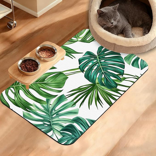 Dog Bowl Mat,Leaves Pet Feeding Mat for Floors Waterproof,Tropical Palm Absorbent Dogs Placemat for Food and Water Quick Dry Pet Cat Feeding Mats with Non Slip Bottom 16" x 24"