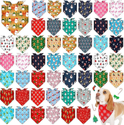 Sanwuta 48 Pcs Christmas Dog Bandanas Bulk Xmas Dog Bandanas Adjustable Snowman Santa Elk Colorful Scarf Handkerchief Bib Accessories for Small Medium Large Breeds Pet Costume Accessories
