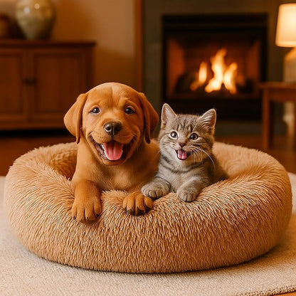 Calming Dog Bed - Fluffy Donut Cuddler for Anxiety Relief, Orthopedic Pet Bed with Non-Slip Bottom, Cozy Round Faux Fur Nest for Dogs and Cats, Plush Crate Mat for Comfort (Camel, Medium)