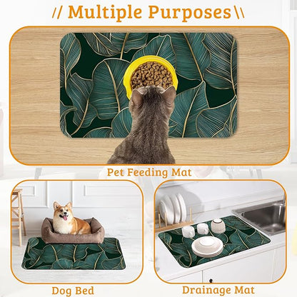 Tropical Palm Feeding Mat,Green Leaves Absorbent Quick-Dry Cat Dog Food and Water Bowl Mats,Non-Slip Rubber Backing Mat,Cat Dog Accessories Supplies 12" x 20"