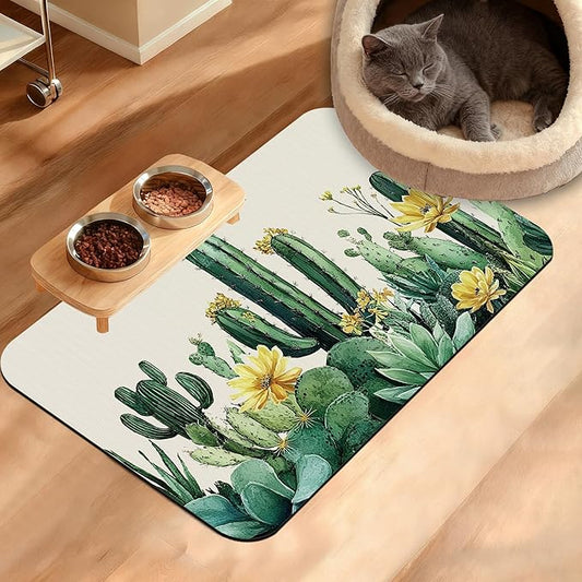 Tropical Cactuses Feeding Mat,Blooming Succulents Absorbent Quick-Dry Cat Dog Food and Water Bowl Mats,Non-Slip Rubber Backing Mat,Cat Dog Accessories Supplies 16" x 24"