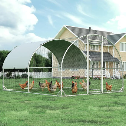 Large Metal Chicken Coop, Walk-in Chicken Run with Reinforced Wire Mesh and Anti-UV Cover, Dome Roofed Poultry Cage for Hens, Ducks and Rabbits, Outdoor Backyard Farm Pen, 9.5'W x 12.9'L x 6.3'H
