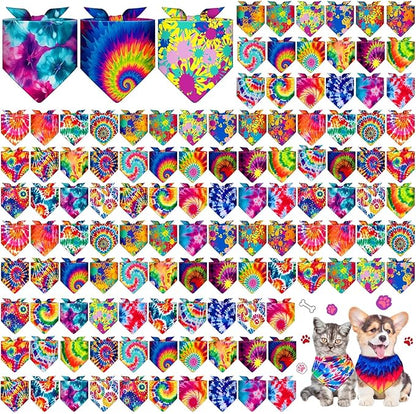 Sanwuta 120 Pcs Rainbow Tie Dye Dog Bandanas for Dogs Bulk Summer Triangle Dog Bandana for Grooming Washable Pet Scarves Adjustable Bibs Small and Medium Pets, 30 Styles