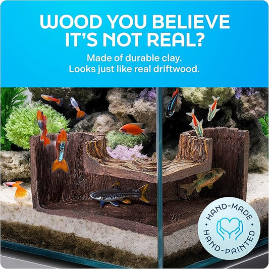 FISHNOSH Aquarium Cave | Natural-Looking Wood-Like BPA-Free Fish Tank Cave for Corners | 5.1” x 2” x 2.7” Fish Hideout for Aquarium | Guppy, Neon Tetra, Corydoras Catfish, Betta Hide | Tank Decor
