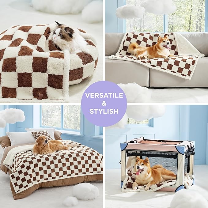 LE SURE Waterproof Dog Blanket for Large Dogs - Washable Double Sided Dog Blankets with Warm Jacquard Shag and Soft Sherpa Fleece, Pet Cat Blanket for Bed Protection, 3D Textured Checks, Brown