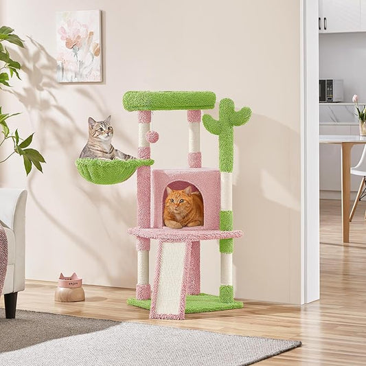 Yaheetech Cactus Cat Tree, 42in Cat Tower for Indoor Cats, Multi Level Kitten Condo Scratching Post, Pet Activity Center Furniture w/Ball, Plush Perch, Platform, Basket, Pink/Green