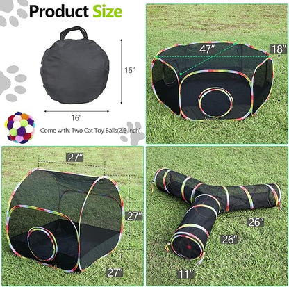 Outdoor Cat Enclosure with Cat Tunnel, Tent, Playhouse and Cat Toy Ball with Bell - Portable Indoor/Outdoor Playpen for Small Cats & Animals