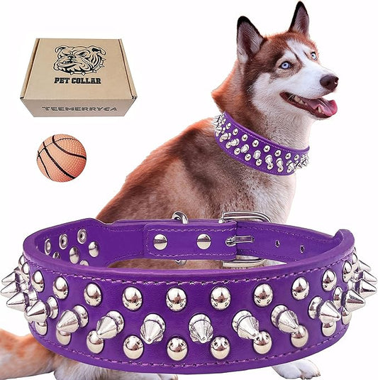 TEEMERRYCA Adjustable PU Leather Spiked Studded Dog Collars with a Squeak Ball Gift for Small Medium Large Pets Like Cats/Pit Bull/Bulldog/Pugs/Husky, Purple, XXL 19.7"-22.4"