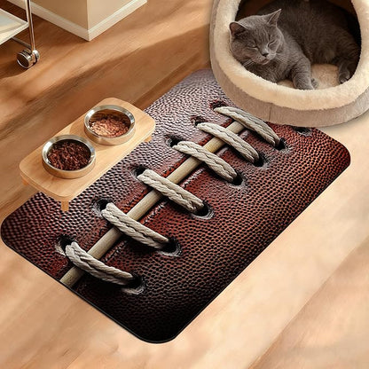 Football Texture Feeding Mat,Laces Stripes Absorbent Quick-Dry Cat Dog Food and Water Bowl Mats,Non-Slip Rubber Backing Mat,Cat Dog Accessories Supplies 16" x 24"