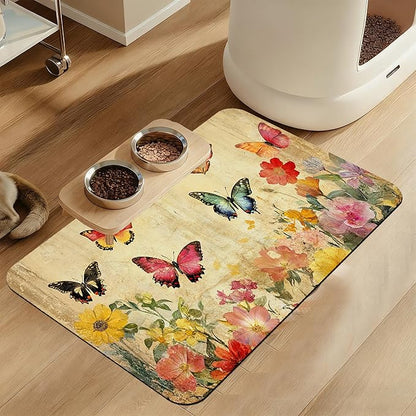 Vintage Butterfly Floral Pet Food Mat for Cats and Dogs–Christmas Stocking Absorbent Quick Dry Feeding Placemat, Non Slip Rubber Base, Waterproof Bowl Mat for Indoor Use, Pet Supplies 16"x24"