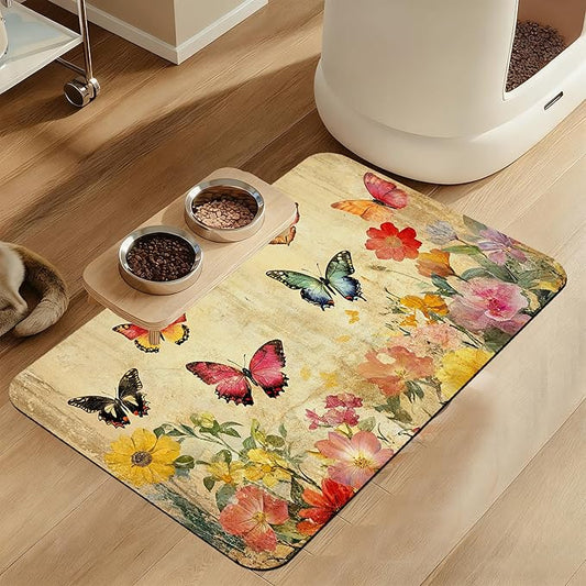 Vintage Butterfly Floral Pet Food Mat for Cats and Dogs–Christmas Stocking Absorbent Quick Dry Feeding Placemat, Non Slip Rubber Base, Waterproof Bowl Mat for Indoor Use, Pet Supplies 16"x24"