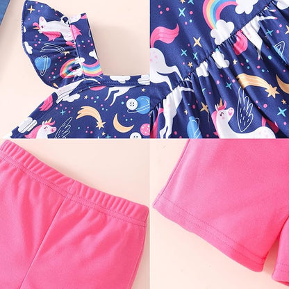 Toddler Baby Girls Summer Clothes Outfits Ruffled Sleeve Dinosaur Shirt Leopard Tops and Shorts Pants Sets 2PCS