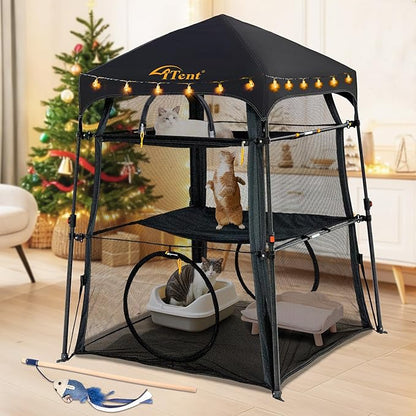 Automatic Pop-Up Cat Enclosure|3-Tier Cat Tent|Cat Cage|Outdoor Catio with Patent,Breathable Portable & Foldable, Stable Structure for Indoor/Outdoor, Free Teaser Wand,Friendly Connectable playpen