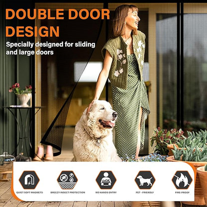 Double Door Fiberglass Magnetic Screen Door，Screen Door Mesh，Keep Bugs Out, Heavy-Duty Mesh Curtain,Pet and Kid Friendly, Works with Front Doors, Sliding Doors（64x80 Inch