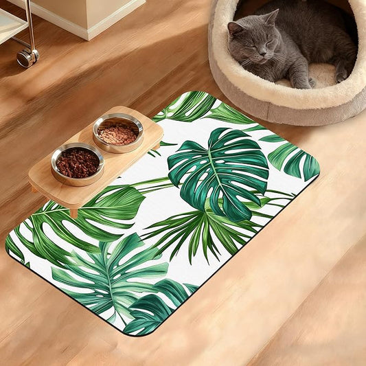 Dog Bowl Mat,Leaves Pet Feeding Mat for Floors Waterproof,Tropical Palm Absorbent Dogs Placemat for Food and Water Quick Dry Pet Cat Feeding Mats with Non Slip Bottom 12" x 20"