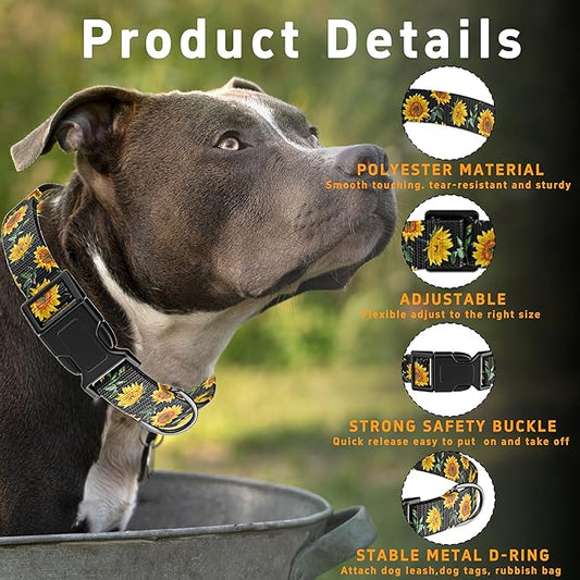 Dog Collar for Boys Girls, Sunflower Puppy Collar for Small Medium Large Dogs, Adjustable Soft Floral Pet Collar with Safety Buckle for Male Females(Black Sunflower,S)