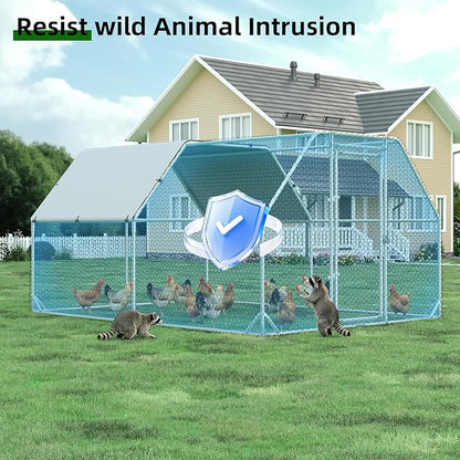 Large Metal Chicken Coop, Walk-in Chicken Run with Reinforced Wire Mesh, Water-Resistant & Anti-UV Cover, Poultry Cage for Hens, Ducks and Rabbits, Outdoor Backyard Farm Pen（9.2’Lx12.47’Wx6.4’H）