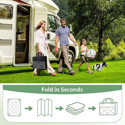 GENIMO Outdoor Rug Waterproof, 10' x 20' Reversible Plastic Straw Rug, Lightweight Large RV Camping Mat for Patio, Deck, Camper, Balcony, Backyard, Picnic, Black & Gray