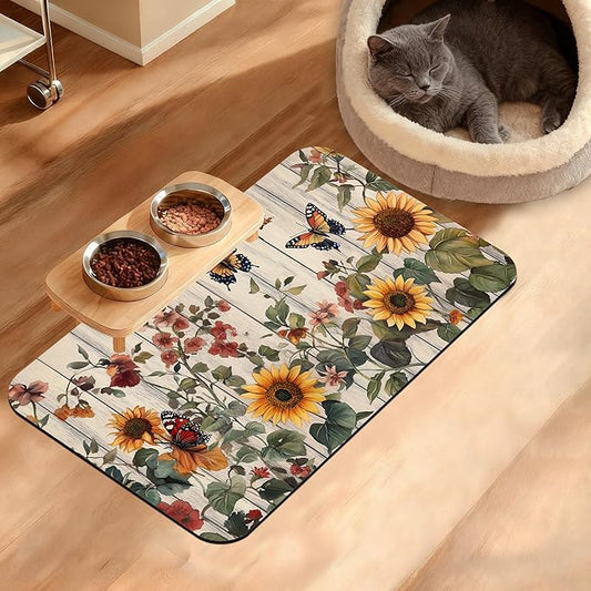 Pet Feeding Mat,Vintage Flower Absorbent Dog Cat Food Mat Rustic Wooden Dog Mat with Rubber Backing,Non-Slip Water Bowl Placemat,Pet Supplies 12" x 20"