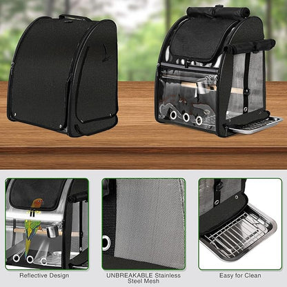 SUERTREE Bird Carrier Bag with Indestructible Stainless Steel Mesh, Bird Travel Cage with Stand, Easy to Clean Backpack for Parrot, Portable Bird Travel Bag, Black