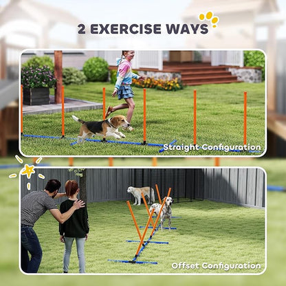 PawHut Adjustable Dog Agility Training Equipment, Dog Agility Course Backyard Set with Weaves Poles, Carry Bag and Ground Stakes for Pet Park Games Exercise