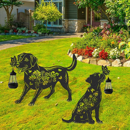 Solar Lights Garden Decor - 2 Pcs Metal Dog Statues Outdoor Decorative Yard Stakes with Lantern Waterproof Patio Lawn Pathway Ornaments Christmas Decorations Gifts for Women Animal Lover