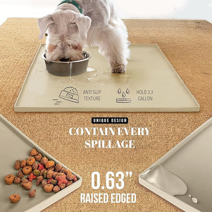AVERYDAY 100% Waterproof Thicker Silicone Dog Food Mat, 0.63'' Raised Edge Bowl Mat for Food & Water, Non Slip Pet Feeding Placemat for Messy Drinkers, Perfect for Large Medium Small Breeds, 18"x10"