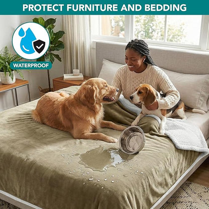 PetAmi Waterproof Dog Blanket for Queen Bed Large XL Dog Throw for Couch Cover Leakproof Furniture Protection, Sherpa Fleece, Reversible Soft Washable 90x90 Taupe