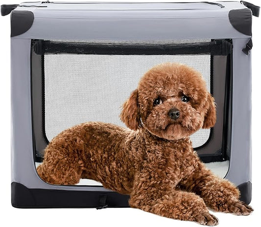 Dog Travel Crate 24 Inch, Portable Soft-Sided Travel Carriers for Dogs and Cats, Foldable Pet Kennel with 3-Doors Mesh Windows Indoor & Outdoor, Grey