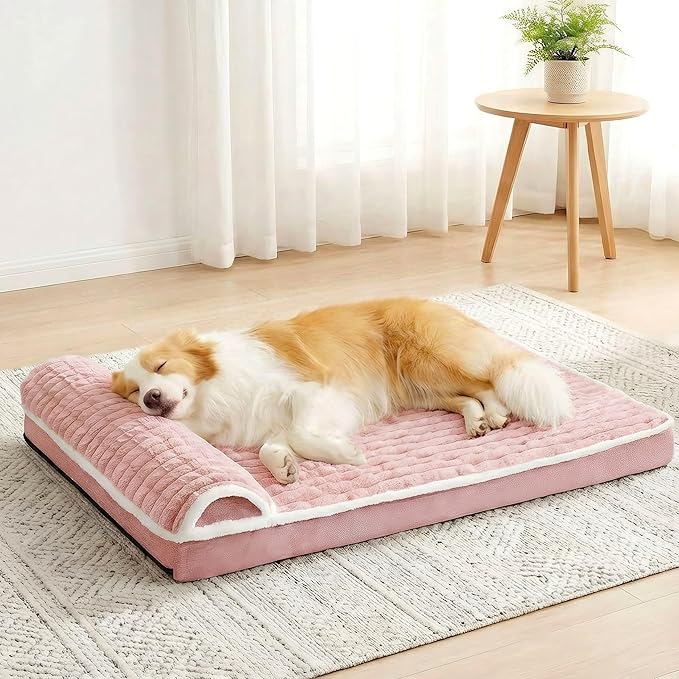 Orthopedic XL Dog Bed Large Sized Dog with Pillow 48''X30'', Waterproof Soft Comfortable Egg Crate Foam Pet Crate Beds Mat with Removable Washable Cover and Non-Slip Bottom, Pink