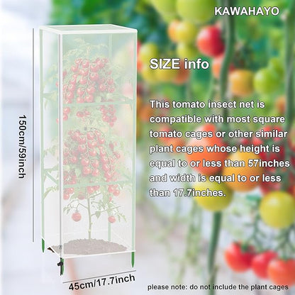Garden Bird Netting Plant Cover for Square Tomato Cage, 59" x 17.7" Insect Barrier Tomato Cage Net with Zipper and Drawstring, Tomato Trellis Netting Protection Cover for Protecting Plant (6 Pack)