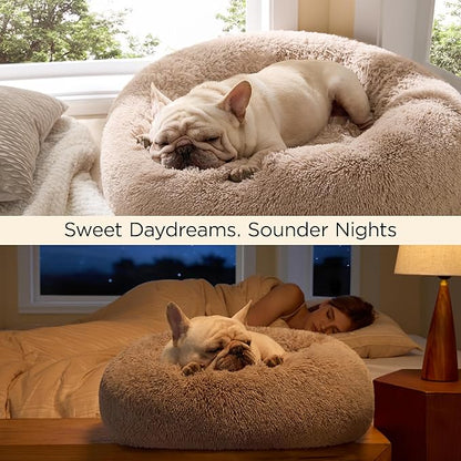 Bedsure Calming Dog Bed for Small Dogs - Donut Washable Small Puppy Bed, 23 inches Anti-Slip Round Fluffy Plush Faux Fur Large Cat Bed, Fits up to 25 lbs Pets, Camel