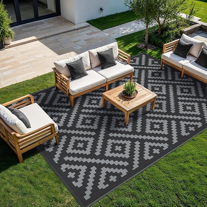GENIMO Outdoor Rugs 8x10 Waterproof, Reversible Mats, Area Plastic Straw Rug, Outside Carpet, Geometric Rv Mat for Patio Camping Rv Picnic Backyard Deck Balcony Porch Beach Trailer (Black & Grey)