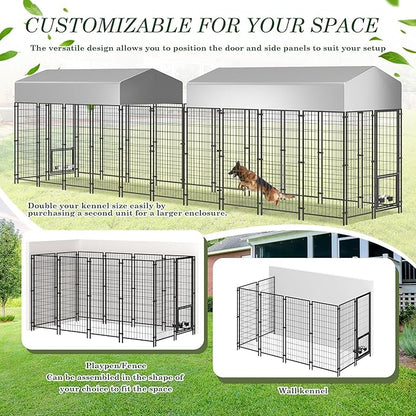 Grepatio Outdoor Dog Kennel for Large Dogs, 8x4x5.7 FT Dog Enclosure with Waterproof, Heavy Duty Welded Wire Steel Dog Playpen Fence with 2 Rotating Dogs Bowls, Outside Dogs Cage Run with Secure Lock