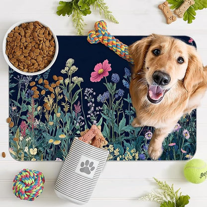 Wildflower Spring Floral Dog Cat Food Mat,Garden Flowers Absorbent Pet Feeding Mat for Food and Water,Non-Slip Dog Bowl Mats Floor Protector 12"x20"