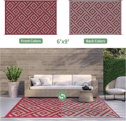 GENIMO Christmas Outdoor Rug for Patio Clearance, 6'x9' Reversible Plastic Straw Rugs, Lightweight Waterproof RV Camping Mat for Camper, Balcony, Deck, Backyard, Picnic, Red Grey